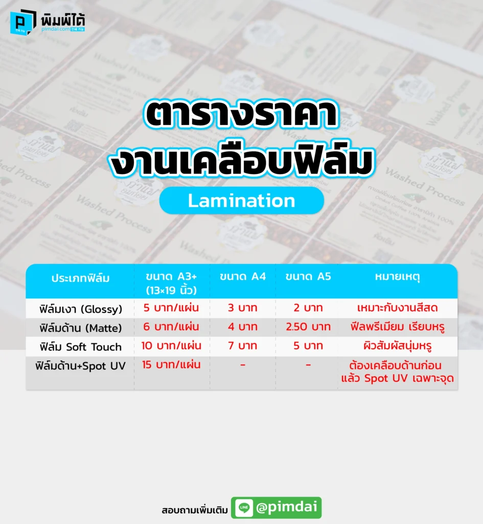 ตารางราคางานเคลือบฟิล์ม (Lamination)