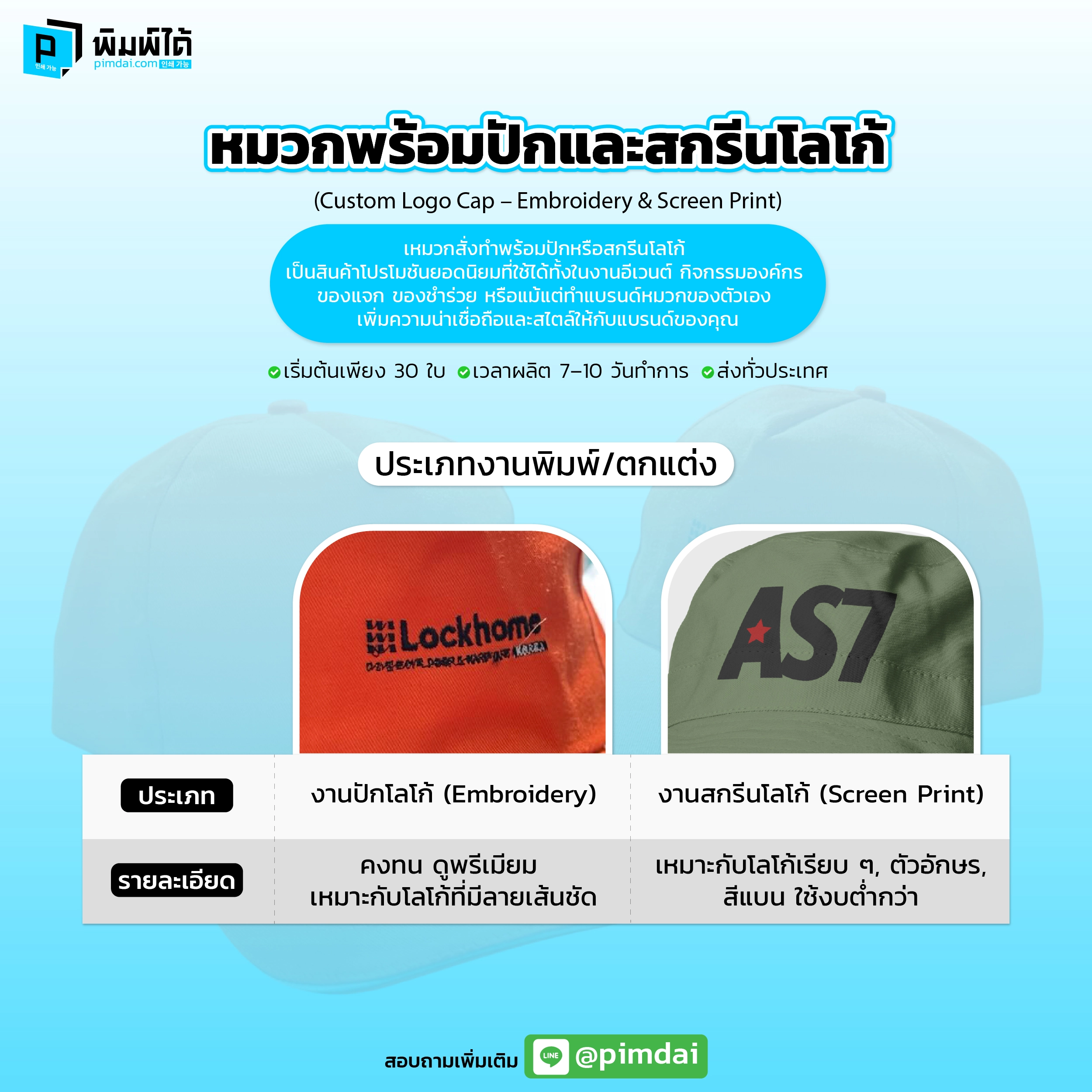 Pimdai ราคาหมวกพร้อมปักและสกรีนโลโก้
