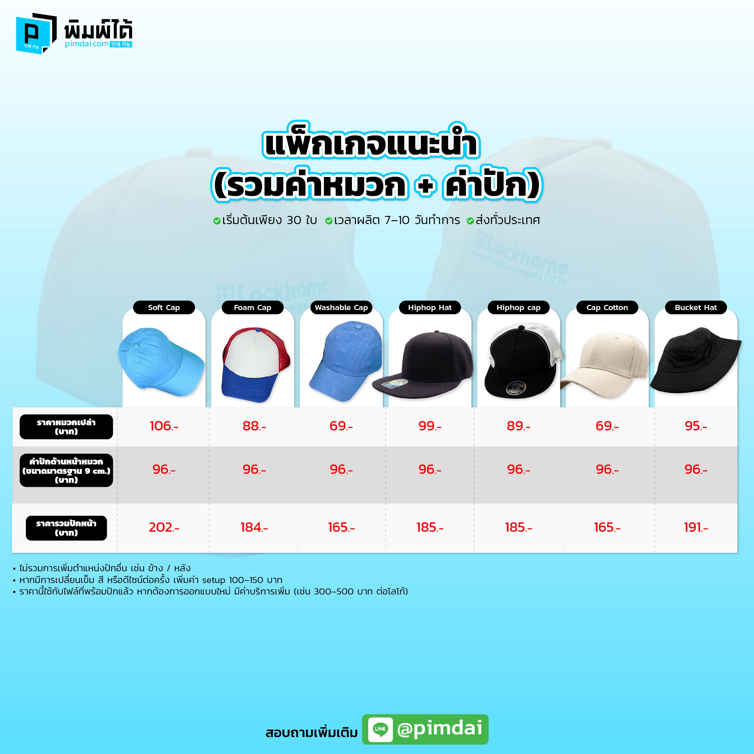 Pimdai ราคาหมวกพร้อมปักและสกรีนโลโก้