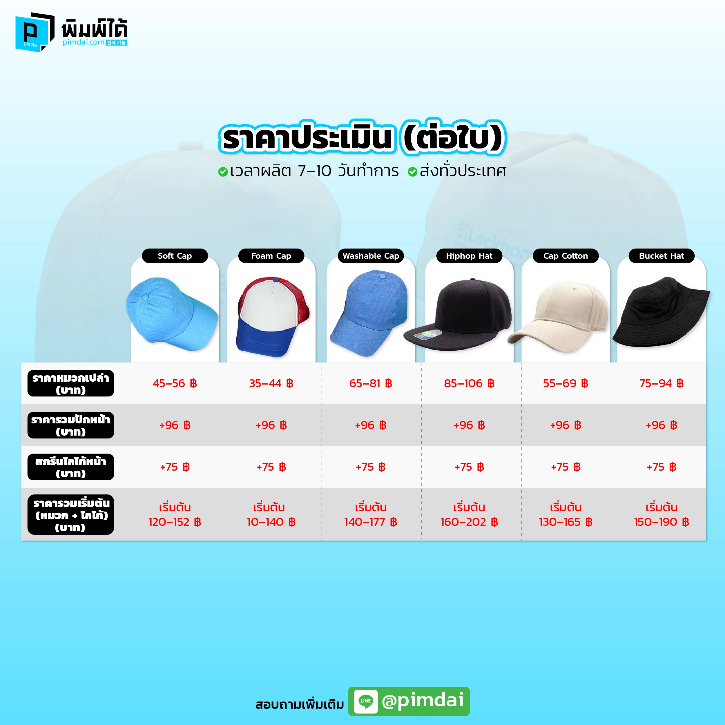 Pimdai ราคาหมวกพร้อมปักและสกรีนโลโก้