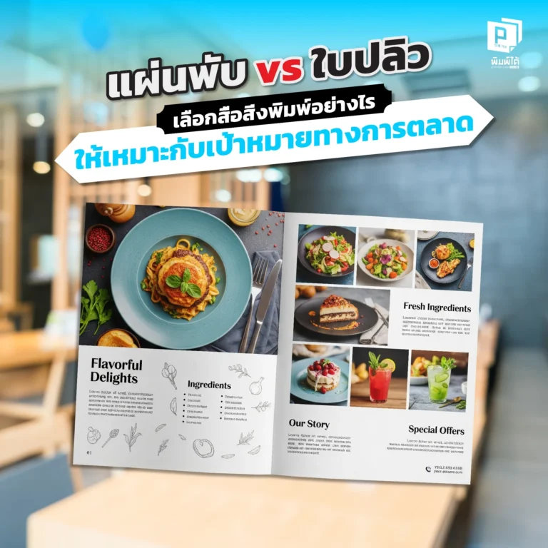 Brochures & Flyers How to choose the right print media for your goals แผ่นพับกับใบปลิวต่างกันอย่างไร Pimdai เปรียบเทียบชัดๆ ทั้งด้านการใช้งาน ดีไซน์ และเป้าหมายการตลาด เพื่อช่วยให้คุณเลือกใช้สื่อสิ่งพิมพ์ที่เหมาะสมและคุ้มค่า