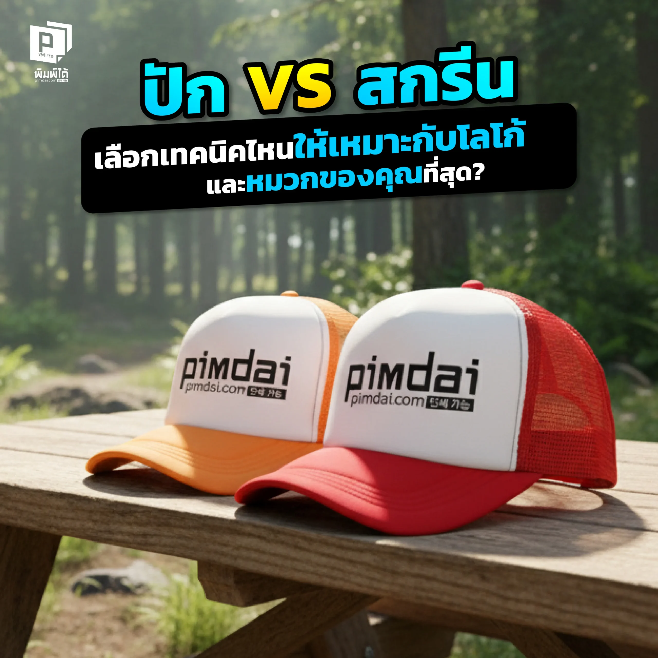 จะทำหมวกปักโลโก้ เลือกระหว่าง 'ปัก' กับ 'สกรีน' แบบไหนดี? Pimdai.com เปรียบเทียบชัดๆ เพื่อให้คุณเลือกเทคนิคที่เหมาะสมและดีที่สุดสำหรับแบรนด์คุณ