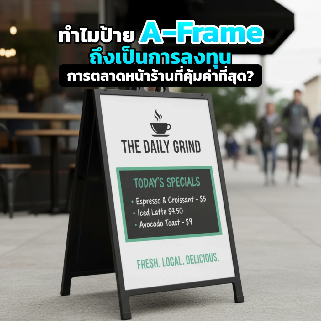 กำลังมองหาการตลาดที่คุ้มค่าที่สุด Pimdai เจาะลึกเหตุผลที่ ป้าย A-Frame คือการลงทุนที่ให้ผลตอบแทนสูงสุด ต้นทุนต่ำ ใช้งานได้นาน และเพิ่มยอดขายได้ทันที