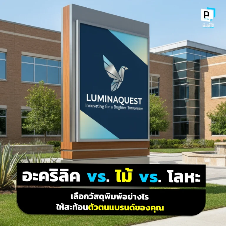 เลือกวัสดุพิมพ์ป้ายให้สะท้อนตัวตนแบรนด์ pimdai เปรียบเทียบ อะคริลิค vs ไม้ vs โลหะ เจาะลึกบุคลิก ความทนทาน และสไตล์ที่เหมาะกับภาพลักษณ์องค์กรของคุณ