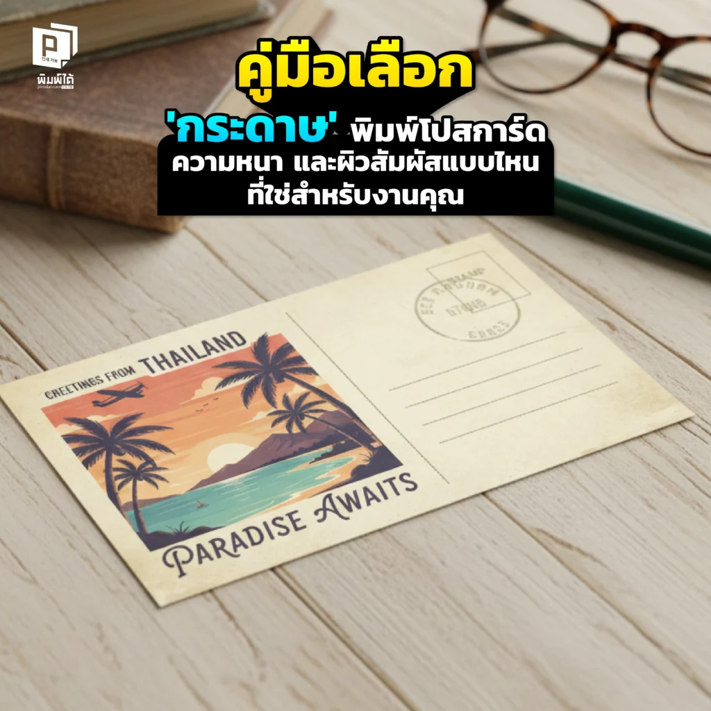 เลือกกระดาษพิมพ์โปสการ์ดไม่ถูก Pimdai.com เจาะลึกวิธีเลือกความหนา และผิวสัมผัส (อาร์ตมัน/ด้าน คราฟท์ เท็กซ์เจอร์) ให้เหมาะกับแบรนด์และสร้างความประทับใจ