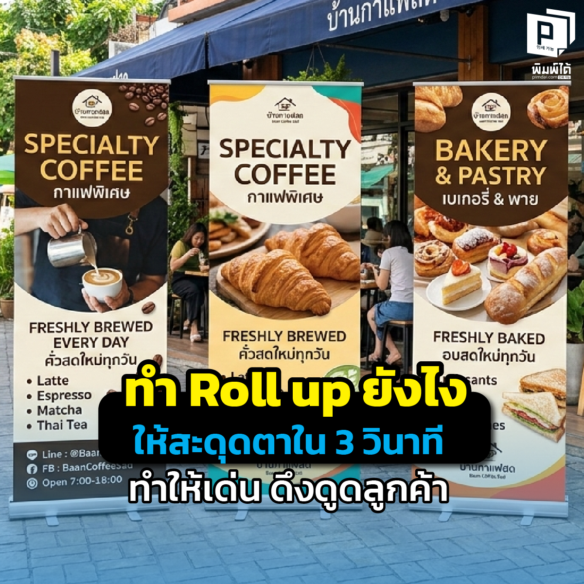 หมดปัญหาตั้ง Roll up แล้วคนเดินผ่าน! เผยความลับออกแบบโรลอัปให้สะดุดตาใน 3 วินาที ด้วยการจัดสี พาดหัว และโครงสร้างที่ดึงดูดลูกค้า สั่งพิมพ์ที่ Pimdai.com