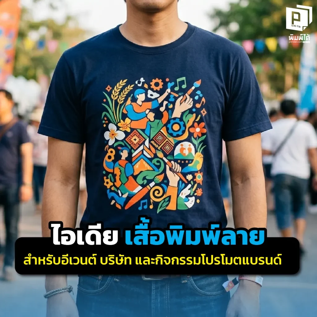 รวมไอเดียออกแบบ เสื้อพิมพ์ลาย สำหรับอีเวนต์บริษัทและกิจกรรมโปรโมตแบรนด์ เจาะลึกเทคนิคเลือกดีไซน์ เนื้อผ้า และการวางโลโก้ให้ดูพรีเมียมและน่าจดจำที่ Pimdai.com