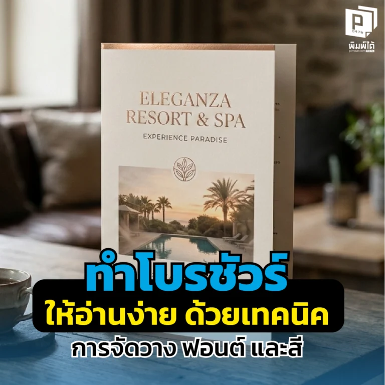 โบรชัวร์ ( Brochure ) ตัวหนังสือยิบย่อย ลูกค้าไม่อ่าน เผยเทคนิคทำโบรชัวร์ให้อ่านง่าย ปิดการขายด้วยกฎการจัดวาง เลเยอร์ฟอนต์ และสี สั่งพิมพ์คมชัดที่ Pimdai.com