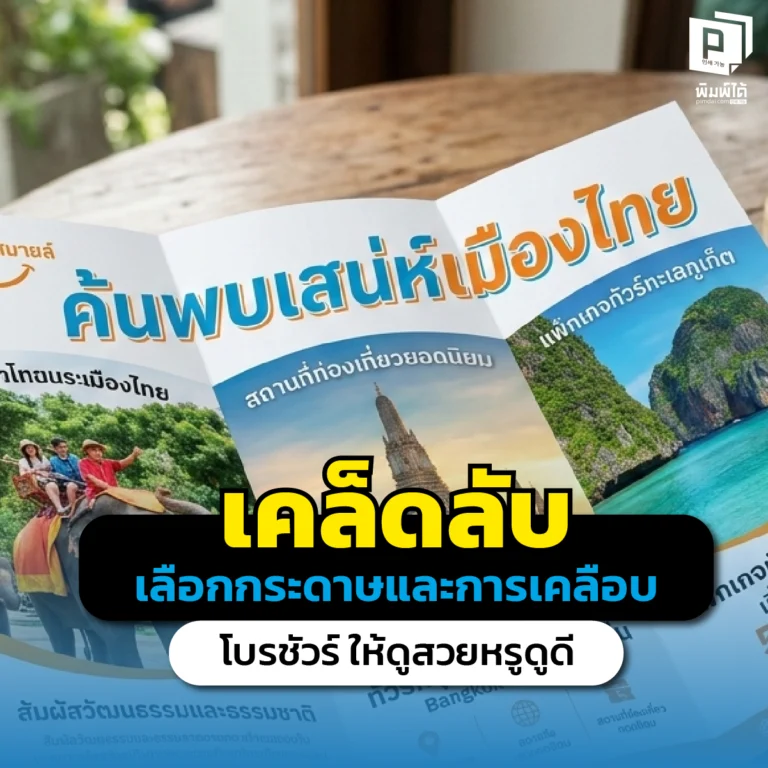 ออกแบบโบรชัวร์สวยแต่ตกม้าตายตอนพิมพ์? เจาะลึกเคล็ดลับเลือกกระดาษ Brochure ความหนา และเทคนิคเคลือบด้าน ปั๊มฟอยล์ ให้โบรชัวร์สวยหรู สั่งพิมพ์ที่ Pimdai.com