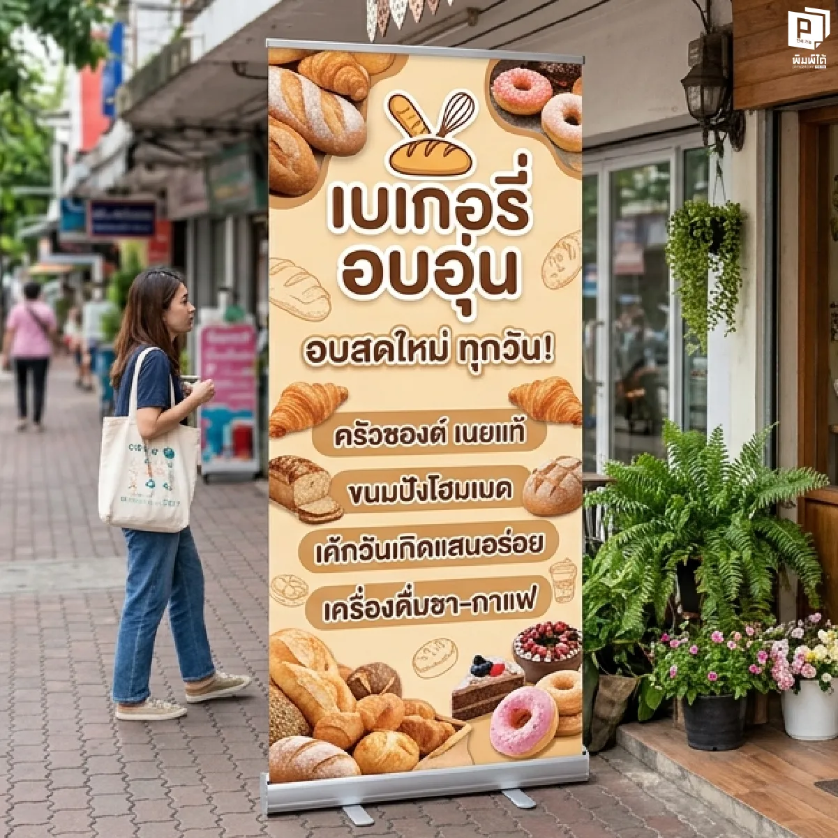 ป้าย Roll up โลโก้และชื่อแบรนด์ในตำแหน่ง "Prime Zone"