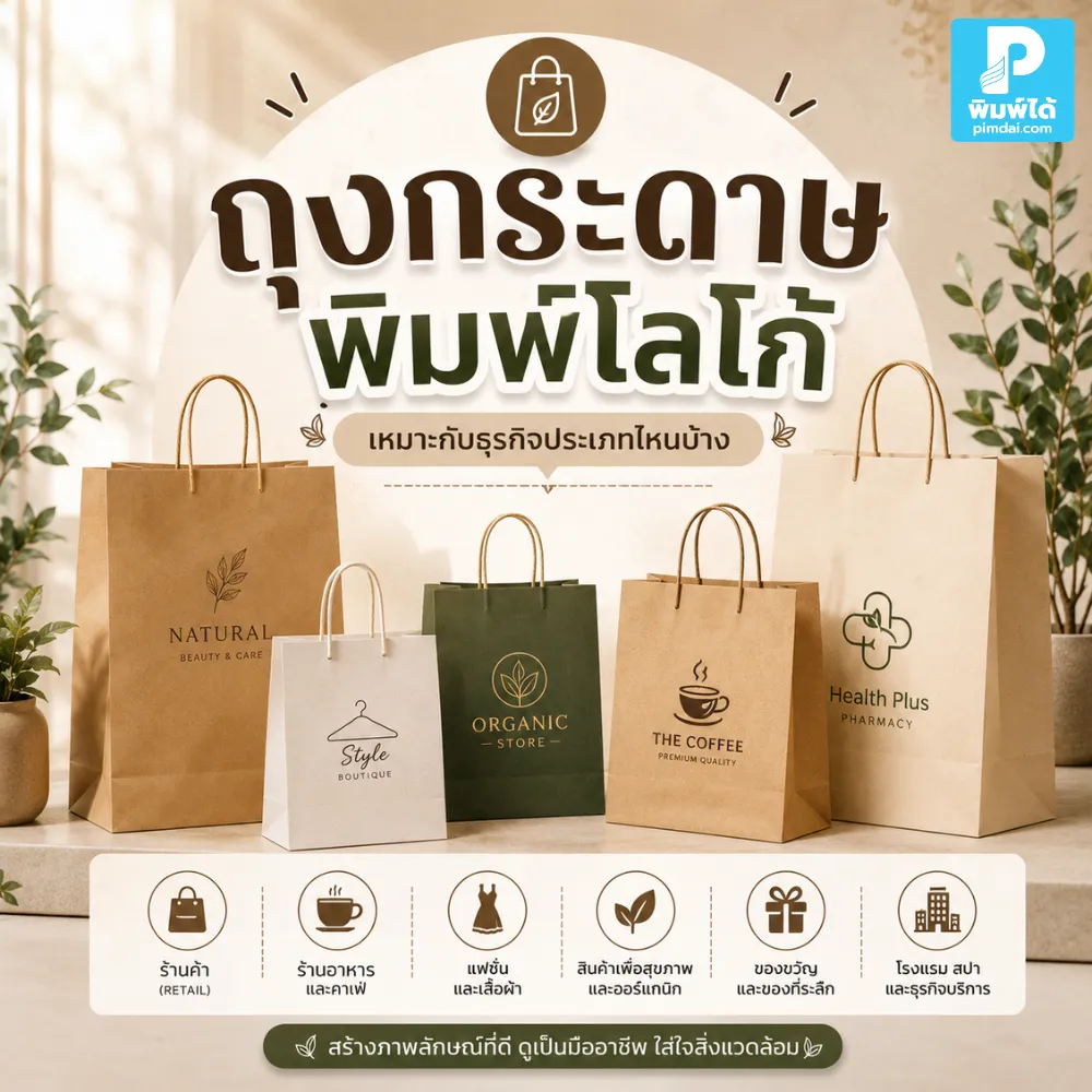 ถุงกระดาษ พิมพ์โลโก้เหมาะกับร้านอาหาร คาเฟ่ แฟชั่น ของขวัญ และธุรกิจที่ต้องการเพิ่มมูลค่าสินค้า สร้างแบรนด์ให้น่าจดจำ