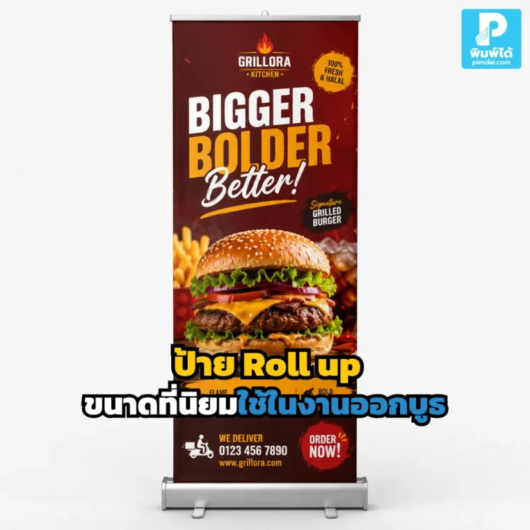 เลือกขนาด ป้าย Roll up ให้เหมาะกับงานออกบูธ ช่วยให้ป้ายดูเด่น อ่านง่าย เคลื่อนย้ายสะดวก และสื่อสารโปรโมชันได้ชัดเจน