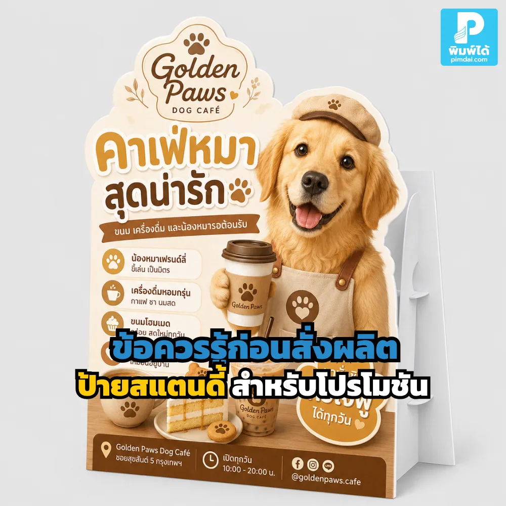 Things to know before ordering custom standee signs for promotions. ก่อนสั่งผลิต ป้ายสแตนดี้ สำหรับโปรโมชัน ควรรู้เรื่องขนาด วัสดุ ดีไซน์ ข้อความ จุดวาง และไฟล์พิมพ์ เพื่อให้ป้ายดึงลูกค้าได้จริง