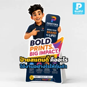 ป้ายสแตนดี้ (Standee) คืออะไร? เจาะลึกวิธีเลือกวัสดุพลาสวูดและ PP Board พร้อมไอเดียใช้งานให้คุ้มค่า ดึงดูดสายตา เรียกลูกค้า สั่งทำสแตนดี้ไดคัทได้ที่ Pimdai.com