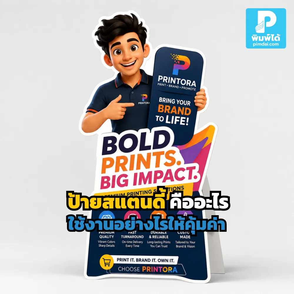 ป้ายสแตนดี้ (Standee) คืออะไร? เจาะลึกวิธีเลือกวัสดุพลาสวูดและ PP Board พร้อมไอเดียใช้งานให้คุ้มค่า ดึงดูดสายตา เรียกลูกค้า สั่งทำสแตนดี้ไดคัทได้ที่ Pimdai.com