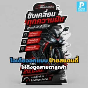 ป้ายสแตนดี้ ช่วยดึงสายตาลูกค้าหน้าร้านและในงานอีเวนต์ได้ดี ถ้าออกแบบให้ข้อความชัด สีเด่น รูปทรงน่าสนใจ และสื่อสารแบรนด์ได้ตรงจุด