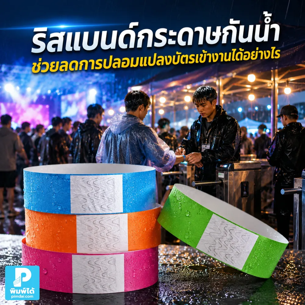 ริสแบนด์กระดาษกันน้ำ ช่วยลดการปลอมแปลงบัตรเข้างาน ด้วยแถบกาวล็อก สีแยกโซน โลโก้เฉพาะงาน และการตรวจสอบที่ง่ายขึ้น