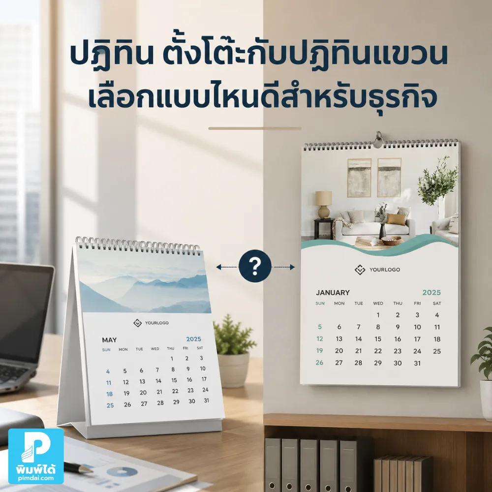 Desk calendars vs. wall calendars: Which is better for your business? เปรียบเทียบ ปฏิทิน ตั้งโต๊ะกับปฏิทินแขวน เลือกแบบไหนดีสำหรับธุรกิจ ให้เหมาะกับลูกค้า พื้นที่ใช้งาน งบประมาณ และการสร้างแบรนด์