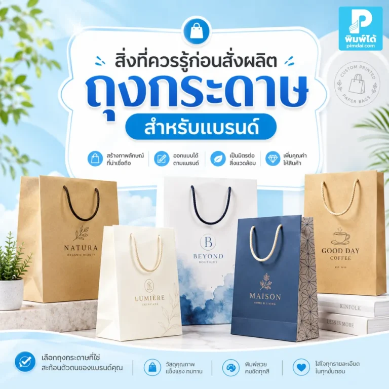 ก่อนสั่งผลิต ถุงกระดาษ สำหรับแบรนด์ ควรรู้เรื่องขนาด วัสดุ โลโก้ สี หูหิ้ว และจำนวนผลิต เพื่อให้ถุงสวย แข็งแรง และคุ้มค่า