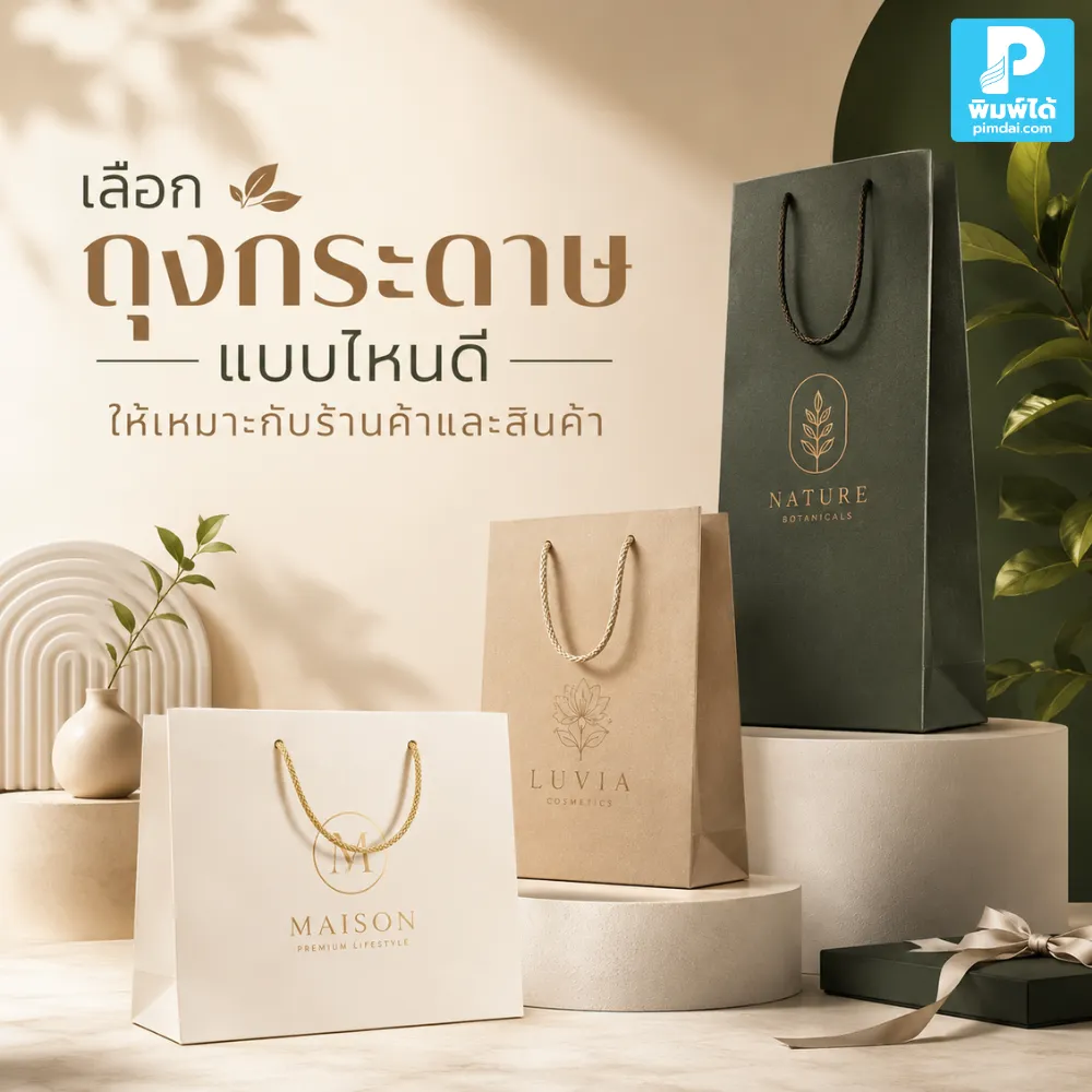 Which type of paper bag is best suited for your store and products? เลือก ถุงกระดาษ ให้เหมาะกับร้านค้าและสินค้า ต้องดูขนาด วัสดุ น้ำหนัก หูหิ้ว ดีไซน์ และโลโก้ เพื่อให้แพ็กเกจดูดีและใช้งานคุ้มค่า