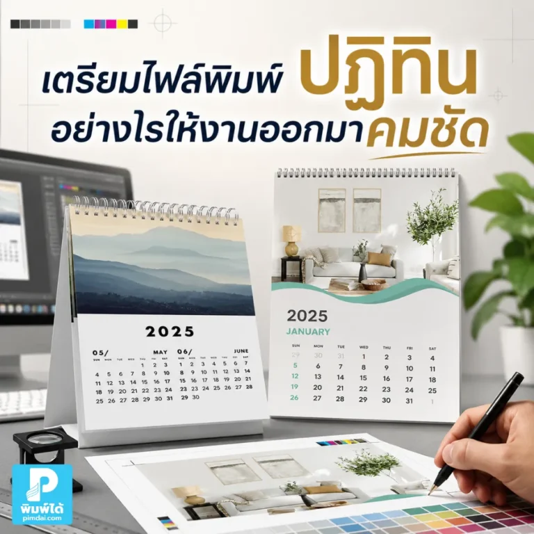 เตรียมไฟล์พิมพ์ ปฏิทิน ให้คมชัด ต้องตั้งขนาดถูกต้อง เผื่อตัดตก ใช้ภาพความละเอียดสูง โหมดสี CMYK และตรวจตัวอักษรก่อนผลิต
