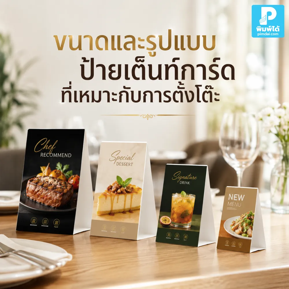Size and style of tent card signs suitable for tabletop display. เลือกขนาดและรูปแบบ ป้ายเต็นท์การ์ด ให้เหมาะกับการตั้งโต๊ะ อ่านง่าย ไม่เกะกะ ใช้โปรโมตเมนู โปรโมชั่น และสื่อสารแบรนด์ได้ชัดเจน