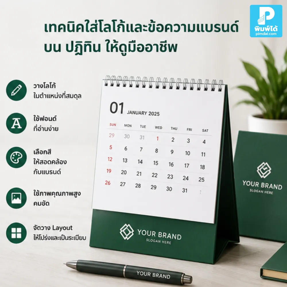 เทคนิคใส่โลโก้และข้อความแบรนด์บน ปฏิทิน ให้ดูมืออาชีพ วางตำแหน่งพอดี อ่านง่าย ไม่รก และช่วยสร้างภาพจำแบรนด์ตลอดปี