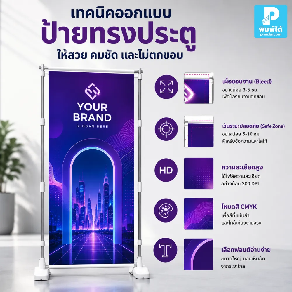 เทคนิคออกแบบ ป้ายทรงประตู ให้สวย คมชัด และไม่ตกขอบ ตั้งขนาดไฟล์ถูกต้อง เผื่อตัดตก ใช้ภาพคุณภาพสูง และจัดข้อความให้อ่านง่าย