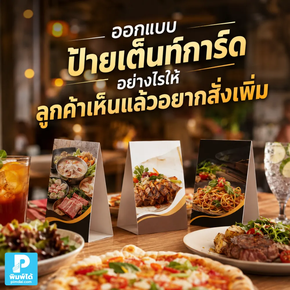How to design tent sign cards that will make customers want to order more. ออกแบบ ป้ายเต็นท์การ์ด ให้ลูกค้าเห็นแล้วอยากสั่งเพิ่ม ต้องใช้ภาพชัด ข้อความสั้น ราคาเด่น โปรเข้าใจง่าย และวางบนโต๊ะให้เห็นชัด