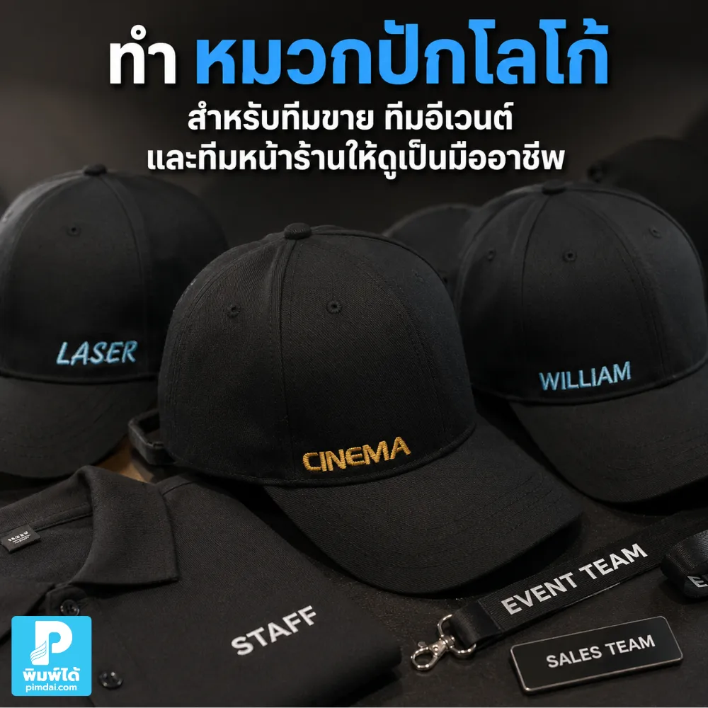 ทำ หมวกปักโลโก้ สำหรับทีมขาย ทีมอีเวนต์ และทีมหน้าร้านให้ดูเป็นมืออาชีพ ช่วยเสริมภาพลักษณ์ทีมงาน สร้างความน่าเชื่อถือ และจดจำแบรนด์ได้ง่าย