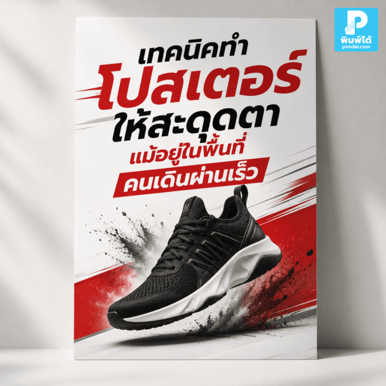 เทคนิคทำ โปสเตอร์ ให้สะดุดตาแม้อยู่ในพื้นที่คนเดินผ่านเร็ว แนะนำวิธีใช้ภาพ ข้อความ สี ฟอนต์ ราคา และจุดโฟกัสให้คนหยุดมองได้ในไม่กี่วินาที
