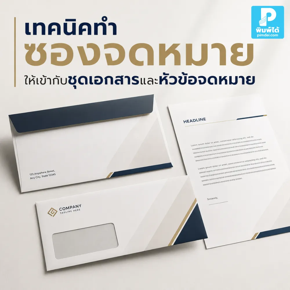 Techniques for making envelopes that match the document set and letter subject. เทคนิคทำ ซองจดหมาย ให้เข้ากับชุดเอกสารและหัวจดหมาย แนะนำการใช้โลโก้ สี ฟอนต์ ข้อมูลบริษัท และเลย์เอาต์ให้ดูเป็นมืออาชีพ