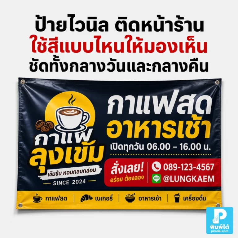 ป้าย ไวนิล ติดหน้าร้านใช้สีแบบไหนให้มองเห็นชัดทั้งกลางวันและกลางคืน แนะนำการเลือกสีพื้น สีตัวอักษร คอนทราสต์ แสงไฟ และข้อควรระวัง