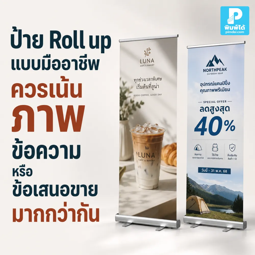 ป้าย Roll up แบบมืออาชีพควรเน้นภาพ ข้อความ หรือข้อเสนอขายมากกว่ากัน แนะนำวิธีจัดลำดับให้ป้ายเด่น อ่านง่าย และช่วยดึงลูกค้า