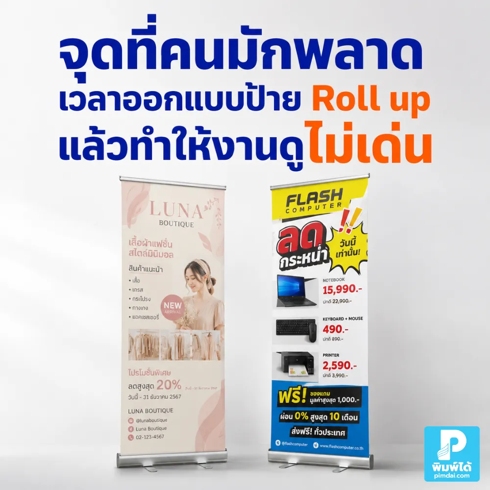 จุดที่คนมักพลาดเวลาออกแบบป้าย Roll up แล้วทำให้งานดูไม่เด่น แนะนำข้อควรระวังเรื่องข้อความ ภาพ สี โลโก้ และการจัดวางให้อ่านง่าย