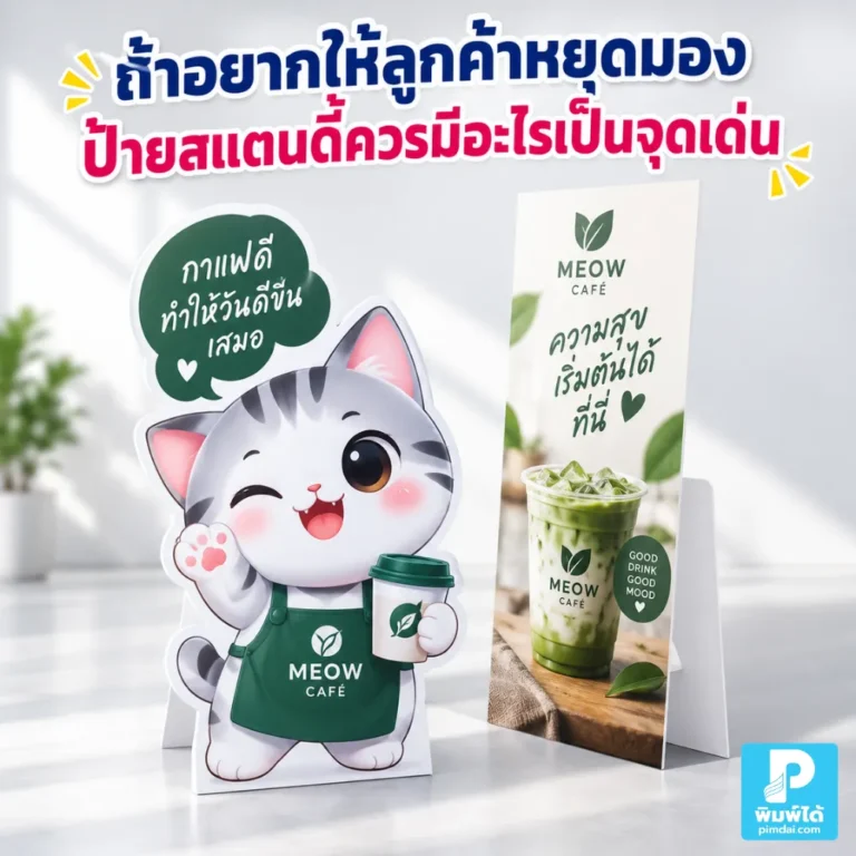 ถ้าอยากให้ลูกค้าหยุดมอง ป้ายสแตนดี้ควรมีอะไรเป็นจุดเด่น แนะนำภาพ หัวข้อ สี ข้อความ โปรโมชัน และการจัดวางให้ดึงสายตา