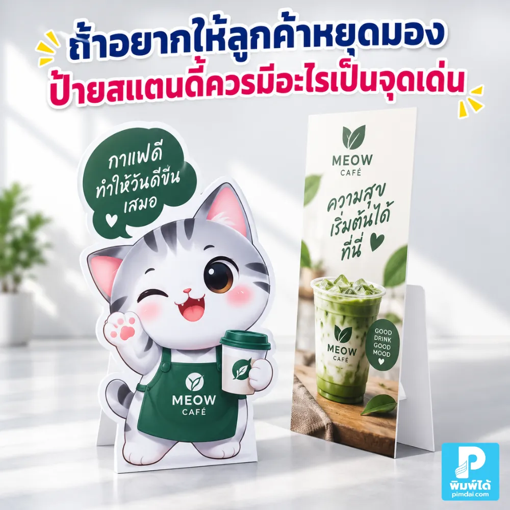 ถ้าอยากให้ลูกค้าหยุดมอง ป้ายสแตนดี้ควรมีอะไรเป็นจุดเด่น แนะนำภาพ หัวข้อ สี ข้อความ โปรโมชัน และการจัดวางให้ดึงสายตา