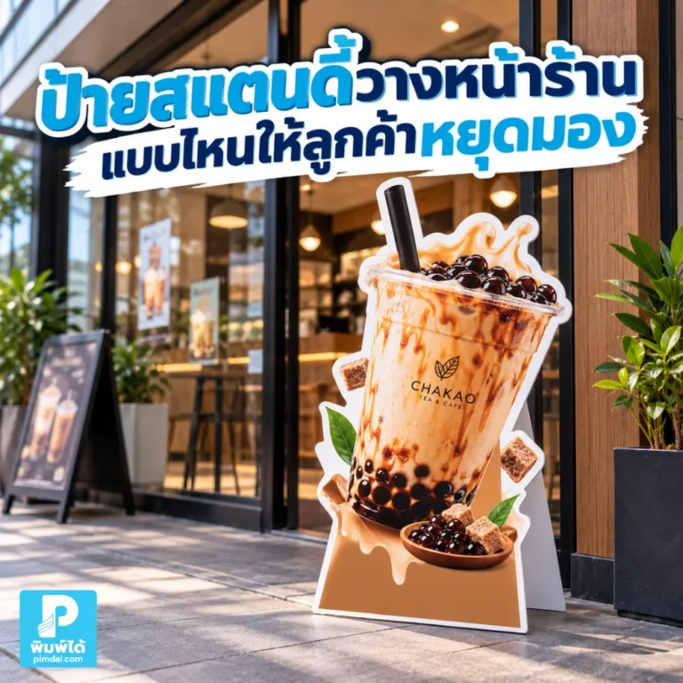 ป้ายสแตนดี้หน้าร้านควรวางตรงไหนให้ลูกค้าหยุดมอง แนะนำตำแหน่ง มุมป้าย ระยะมอง สี ภาพ และข้อความให้ดึงสายตาได้ดีขึ้น