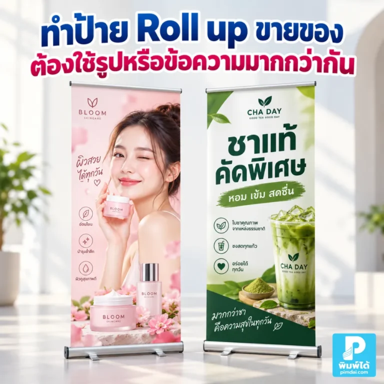 ทำป้าย Roll up ขายของควรใช้รูปหรือข้อความมากกว่ากัน แนะนำสัดส่วนภาพ ข้อความ ราคา โปรโมชัน และ Call to Action ให้คนเข้าใจเร็ว