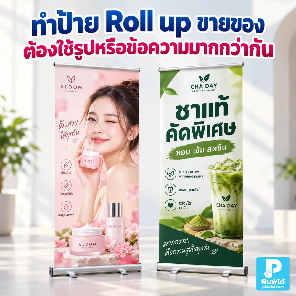 ทำป้าย Roll up ขายของควรใช้รูปหรือข้อความมากกว่ากัน แนะนำสัดส่วนภาพ ข้อความ ราคา โปรโมชัน และ Call to Action ให้คนเข้าใจเร็ว