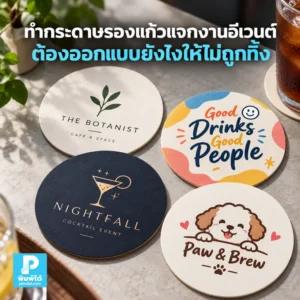 กระดาษรองแก้วแจกงานอีเวนต์ควรออกแบบยังไงให้คนอยากเก็บไว้ใช้ต่อ แนะนำเรื่องลาย สี ข้อความ โลโก้ QR Code และการทำเป็นของสะสม