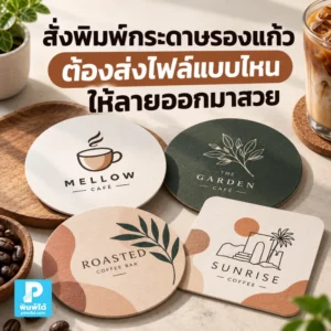 สั่งพิมพ์กระดาษรองแก้วต้องส่งไฟล์แบบไหนให้ลายคม สีสวย และไม่โดนตัด แนะนำไฟล์ AI, PDF, PNG, JPG พร้อม Bleed และ Safe Area