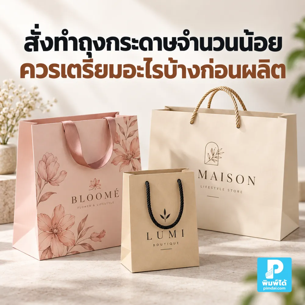 สั่งทำถุงกระดาษจำนวนน้อยควรเตรียมอะไรบ้างก่อนผลิต แนะนำการกำหนดขนาด วัสดุ สี โลโก้ จำนวน และไฟล์งานให้พร้อมก่อนสั่งพิมพ์